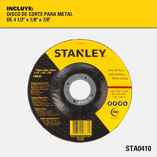 Stanley metal cutting disc STA0410. The image shows a circular metal cutting disc labeled 'Stanley' with specifications 4 1/2'' x 1/8'' x 7/8'' (115mm x 3mm x 22mm). The disc is designed for cutting metal and is black and yellow, with information about max RPM (13,300), and standards. The packaging background is yellow and white, with product details in Spanish and SKU STA0410.