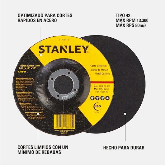STANLEY metal cutting disc, model STA0410, with yellow and black label detailing specifications. Optimized for fast cuts in steel, clean cuts with minimal burrs, made to last, Type 42, max RPM 13,300, max RPS 80 m/s. Suitable for metal cutting. Text also shown in English, Portuguese, and Spanish on the label.
