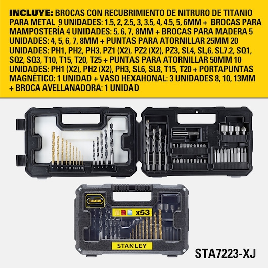 Stanley STA7223-XJ drill and screwdriver bit set. The image shows an open black plastic case containing various titanium-coated metal drill bits, masonry bits, wood bits, screwdriver bits of different types and sizes, a magnetic bit holder, hex sockets, and a countersink bit. The upper area of the image lists the included contents in Spanish. The yellow and black Stanley logo is visible on the closed case below the open one.