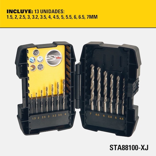 Stanley STA88100-XJ graphics showing a set of 13 drill bits in a black plastic case, with labeled sizes ranging from 1.5 to 7 mm. The yellow background features icons indicating compatibility with different materials such as metal, wood, and PVC. Text at the top in Spanish states the included sizes.