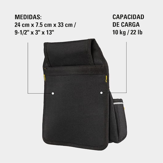 Photo of STANLEY STST511324LA black tool pouch, side angle, with front pocket and stitching details, white background.