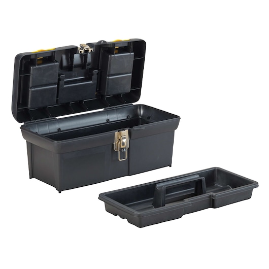 Stanley black plastic toolbox with open lid, removable tray, and metal latch, front angle on white background