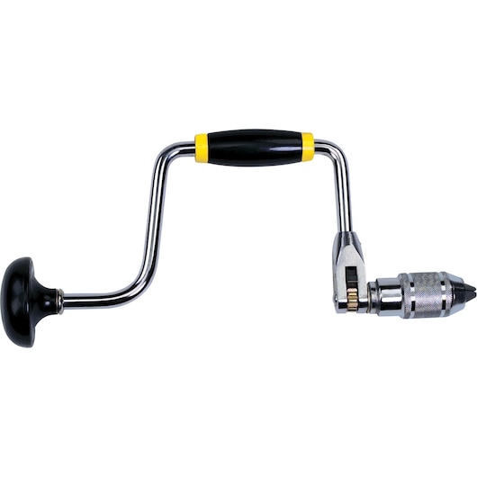STANLEY 02-110 hand brace drill with black handle and metal frame, side view on white background.