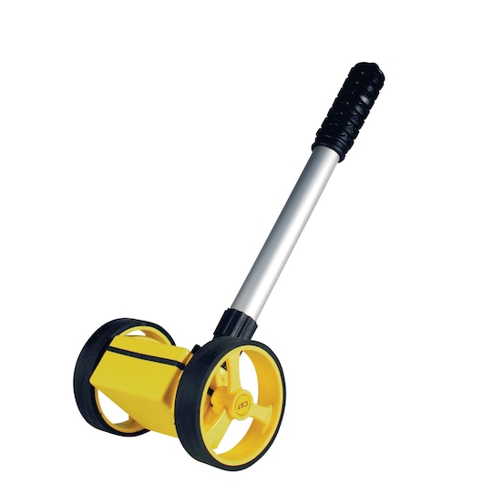 Photo of STANLEY 1-77-175 measuring wheel with yellow body, two black wheels, and black handle, side angle.