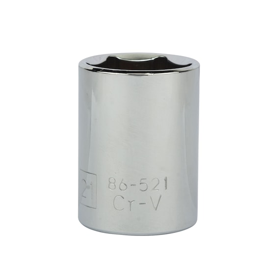STANLEY 1-88-743 chrome socket, cylindrical design, engraved size and markings, front angle on white background.