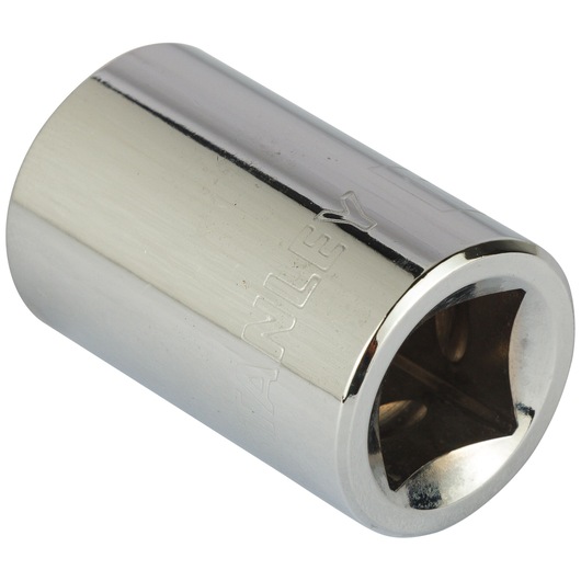 Stanley chrome socket tool with hex opening, used for tightening or loosening nuts and bolts.