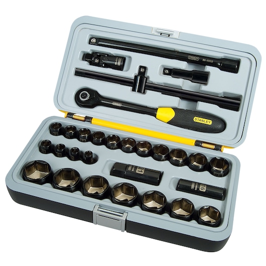 STANLEY 1-94-662 socket set with ratchet and various sockets in hard plastic case, top angle.