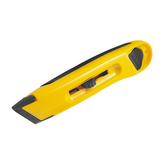 STANLEY 10-065LA yellow and black utility knife, photography, angled view on white background.