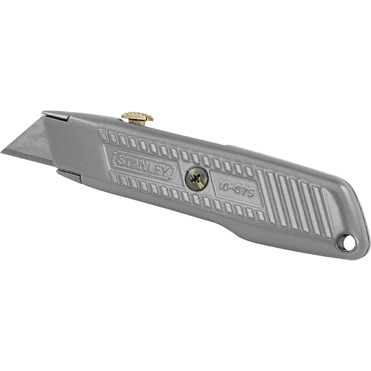 STANLEY 10-079 silver utility knife, angled left on white background, showing metal handle and exposed blade.