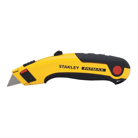 Photo of STANLEY 10-778 utility knife, yellow and black, FATMAX series, left side view on white background.