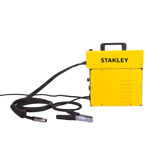 STANLEY 10880 yellow welding machine with attached black cables, left side view, on white background.