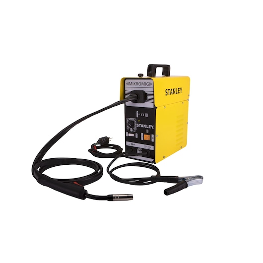 STANLEY 10880 welding machine with yellow casing, front panel controls, attached cables, and handle, angled view.