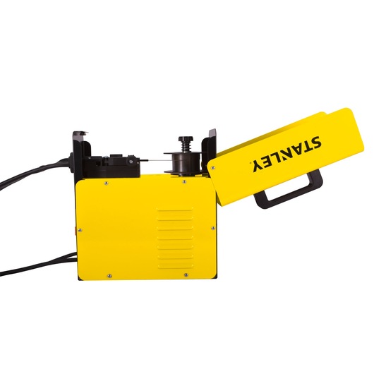Photo of STANLEY 10880 welding machine with open yellow side panel, side angle, black cord visible.