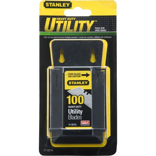 STANLEY 11-921 heavy duty utility blades pack, 100-count, front angle, black and yellow packaging.