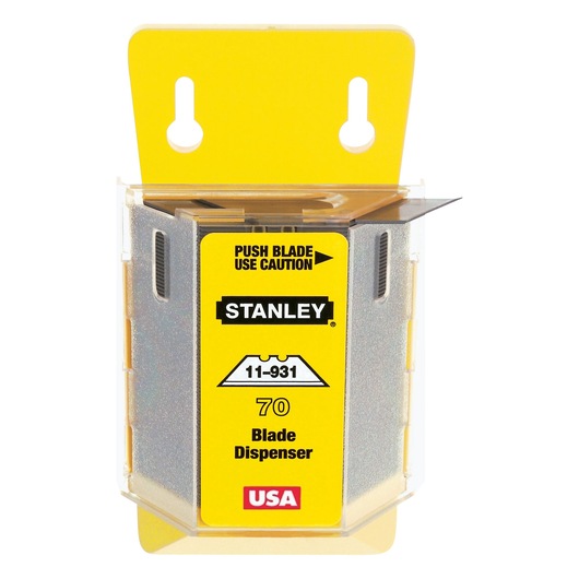 STANLEY 11-931 blade dispenser front angle, yellow label, holds 70 utility blades, white background.