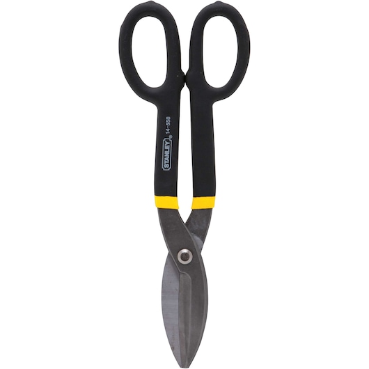 Stanley straight aviation snip with black handles and yellow accents, front view on white background