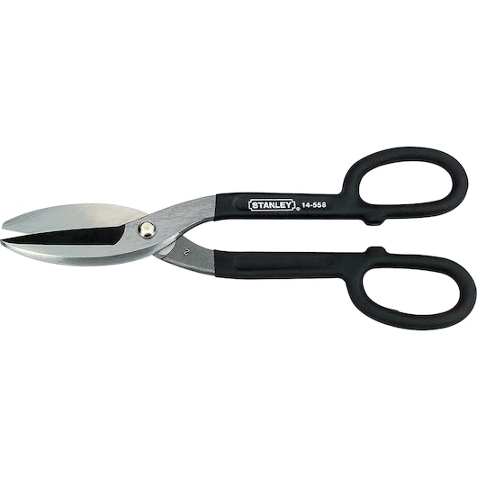 Photo of STANLEY 14-558 straight tin snips with black handles, side angle, on white background.