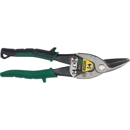 STANLEY 14-564 aviation snip with green and black handles, photographed from the side on white background.