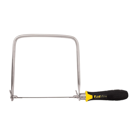 Front view of STANLEY FatMax coping saw with black and yellow ergonomic handle and thin metal blade on white background.
