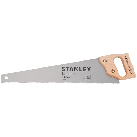 STANLEY 15-470 hand saw with wooden handle and 18 inch steel blade, side angle on white background.