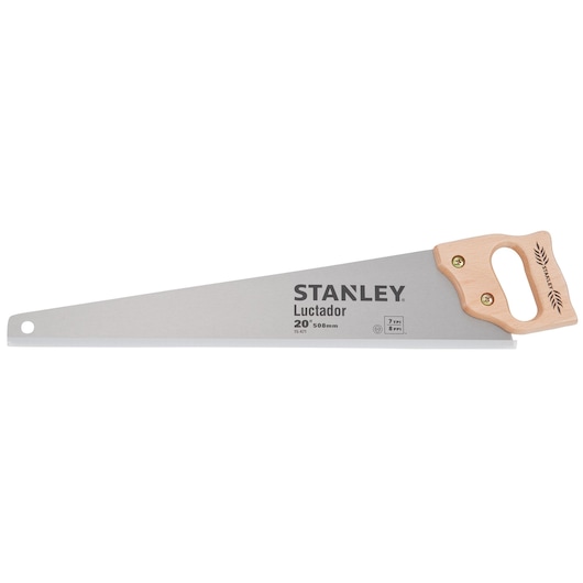 STANLEY 15-471 hand saw with 20 inch blade and wooden handle, side angle on white background.