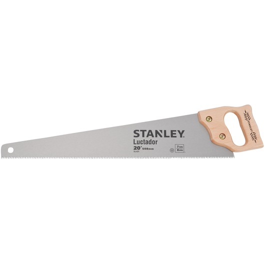Photo of STANLEY 15-471 hand saw with wooden handle and 20 inch steel blade, side angle on white background.