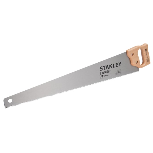 STANLEY 15-473 hand saw with wooden handle, side view, silver blade, photography for product category.