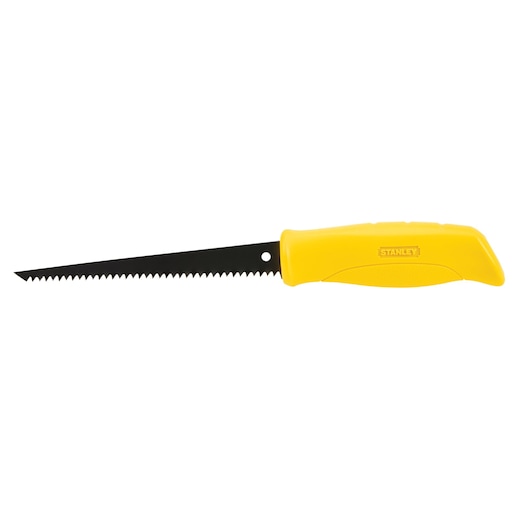 Stanley drywall saw with yellow handle and black serrated blade, side view on white background