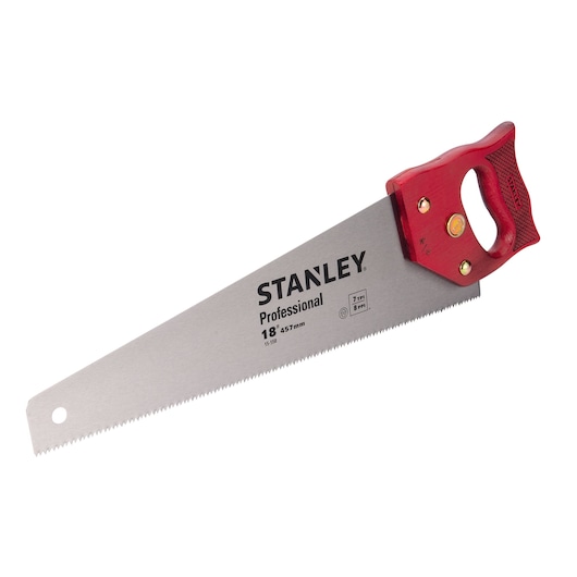 STANLEY 15-558 professional hand saw with red handle, side angle, photography on white background.
