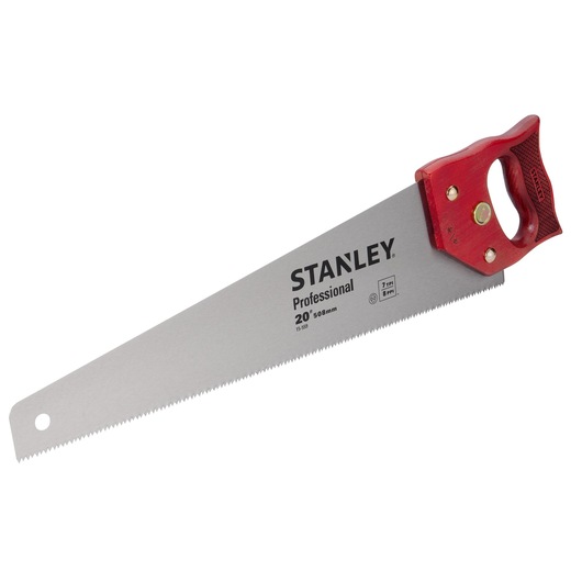 STANLEY 15-559 hand saw with red handle, silver blade, side angle on white background, woodworking tool.
