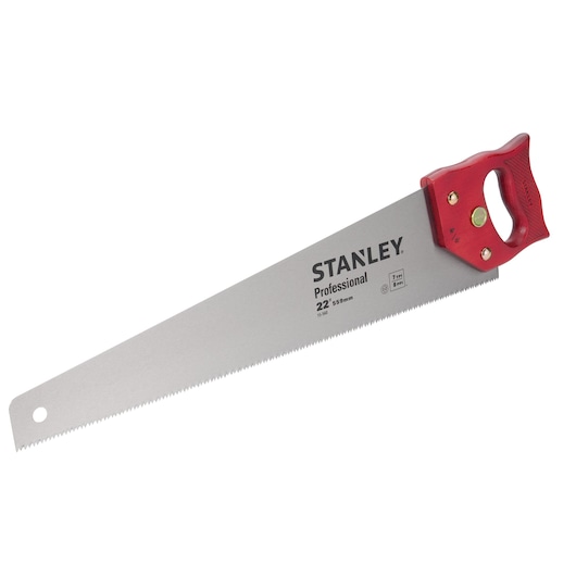 Photo of STANLEY 15-560 hand saw with red handle, 22 inch steel blade, shown from side on white background.