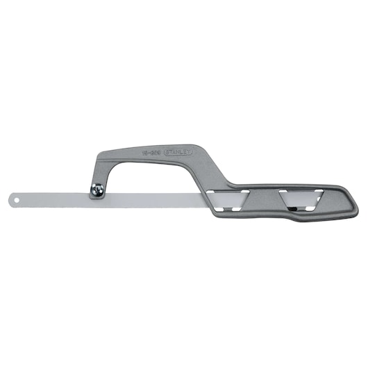 Stanley hacksaw side view on white background, metal frame with straight handle and fine-tooth blade.