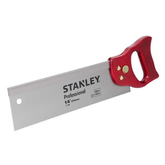 Photo of STANLEY 15-886 professional backsaw with red handle, 14 inch steel blade, front angle on white background.