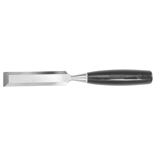 STANLEY 16-104 wood chisel with beveled steel blade and black handle, side angle on white background.