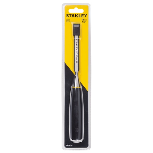 STANLEY 16-107LA wood chisel with black handle, 13mm size, front angle, in retail packaging.