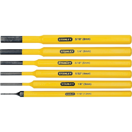 Stanley 16-226 yellow steel punch set, six sizes, side angle on white background.