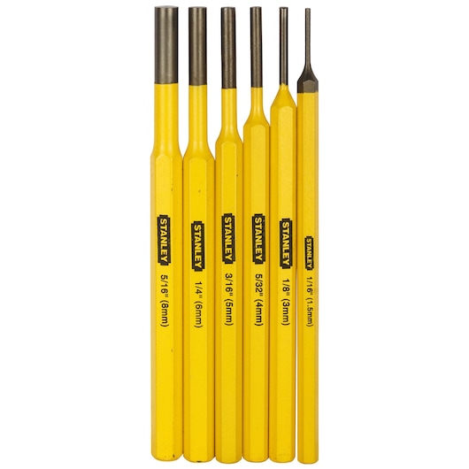 STANLEY 16-226 yellow punch set of six with black tips, various sizes, front view on white background.