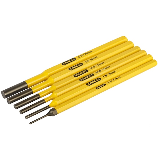 STANLEY 16-226 punch set, six yellow-handled steel punches, product photography, angled view on white background.