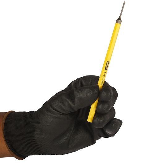 Photo of STANLEY 16-226 yellow punch tool held in gloved hand, angled on white background.