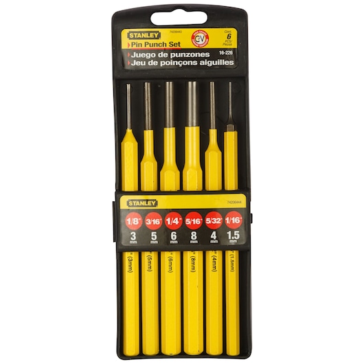 STANLEY 16-226 pin punch set, six yellow punches in black packaging, front angle.