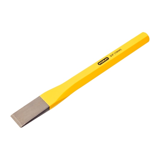 Photo of STANLEY 16-310 cold chisel with yellow handle and flat steel cutting edge, side angle on white background.