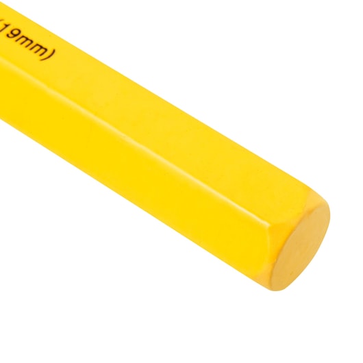STANLEY 16-313 yellow carpenter pencil close-up, photography on white background.