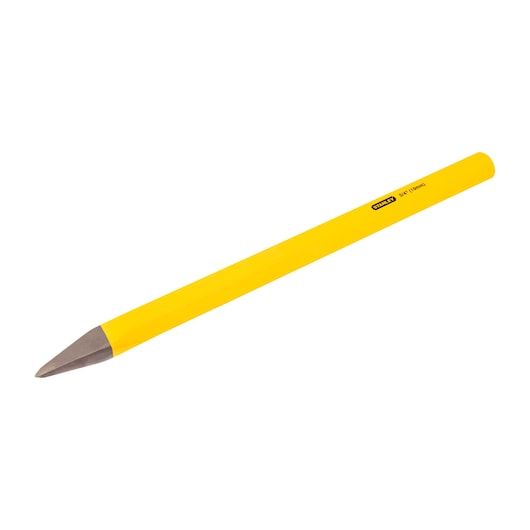 STANLEY 16-319 yellow cold chisel, metal tip, hand tool, angled photo on white background.