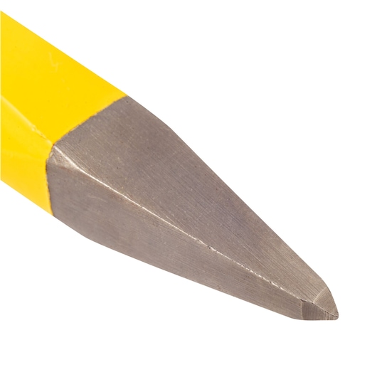 STANLEY 16-319 cold chisel tool with yellow handle, close-up on beveled metal tip, photographed on white background.