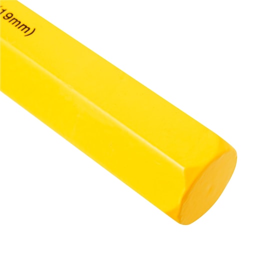 STANLEY 16-319 yellow carpenter pencil close-up, showing hexagonal shape and smooth finish, photography on white background.