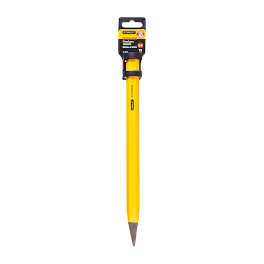 Photo of STANLEY 16-319 concrete chisel, yellow hexagonal body, pointed tip, front view on white background.