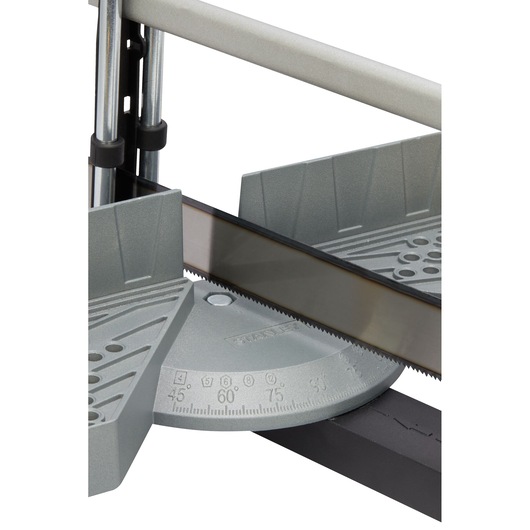 STANLEY 20-800 miter box saw close-up showing adjustable angle guide and silver blade on white background.
