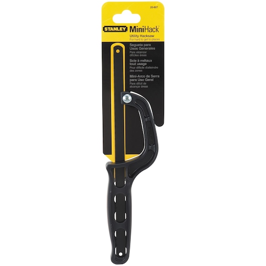 Stanley 20-807 MiniHack utility hacksaw with black handle, front view on white background.