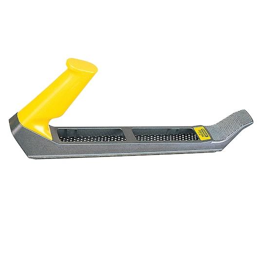 STANLEY 21-296 surform plane with yellow handle, side angle view on white background.