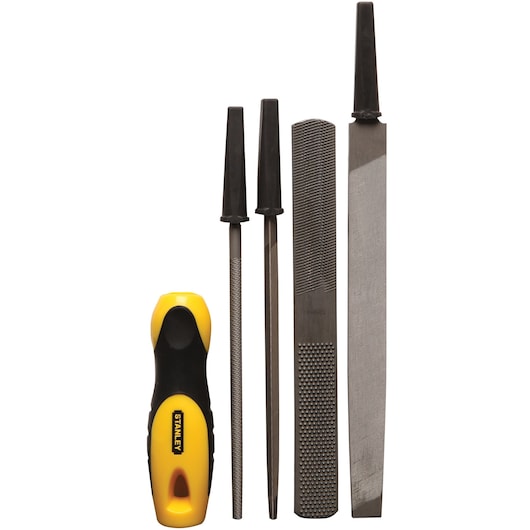 Stanley file set with yellow and black handle, three files and one rasp, front view on white background